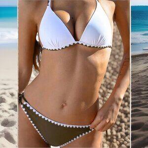 Cupshe Women 2 Piece Bikini XS Brown & White Whipstich Halter Plunging Neck Tie